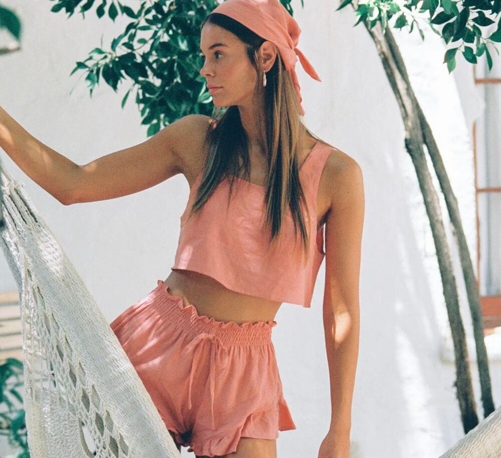 New Montce Square Neck Coral Pink Crop Top Small loose Short Cover-Up